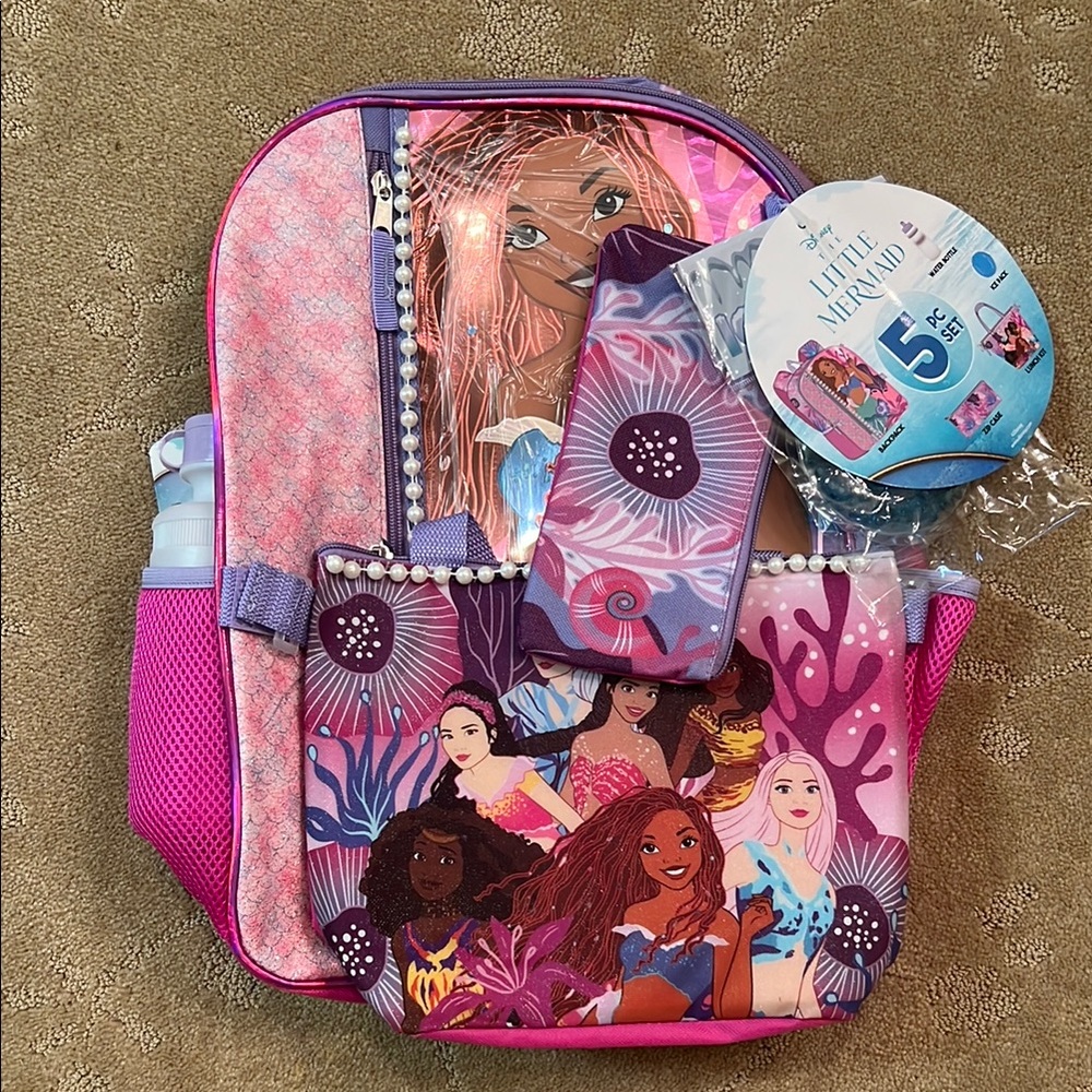 NWT Disney The Little Mermaid Girls 5 Piece Backpack Set